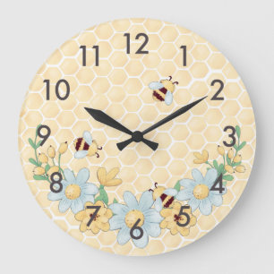 Whimsical Honey Bee Yellow Große Wanduhr