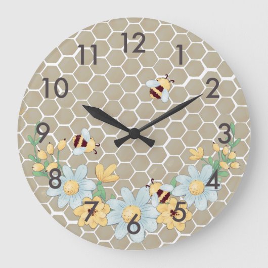 Whimsical Honey Bee Yellow Große Wanduhr (Vorderseite)
