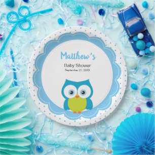Whimsical Hoot Owl Woodland Animal Baby Boy Dusche Pappteller