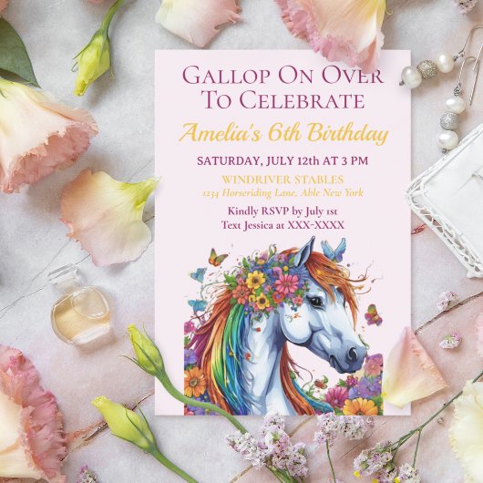 Whimsical Horse Floral Reittier Geburtstag Einladung