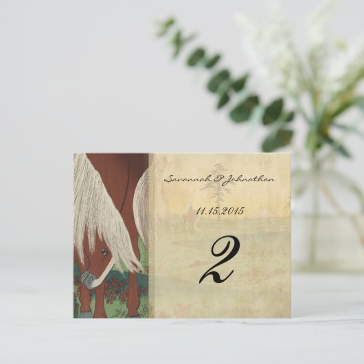 Whimsical Horse Wedding Tischnummer Cards (Stehend Vorderseite)