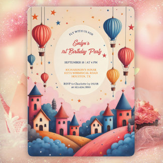 Whimsical Hot Air Ballon 1. Geburtstag Party Einladung
