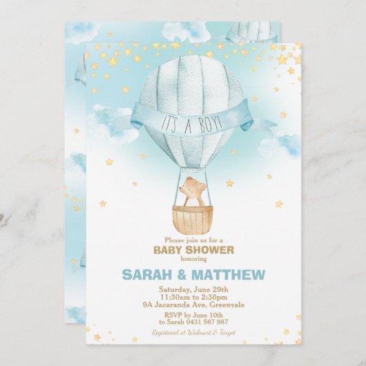 Whimsical Hot Air Ballon Baby Dusche Bärenjunge Einladung (Vorne/Hinten)