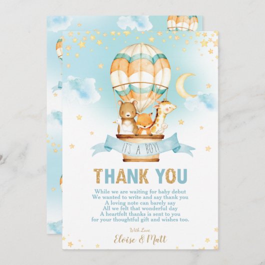 Whimsical Hot Air Ballon Babydusche Niedliche Tier Dankeskarte (Vorne/Hinten)