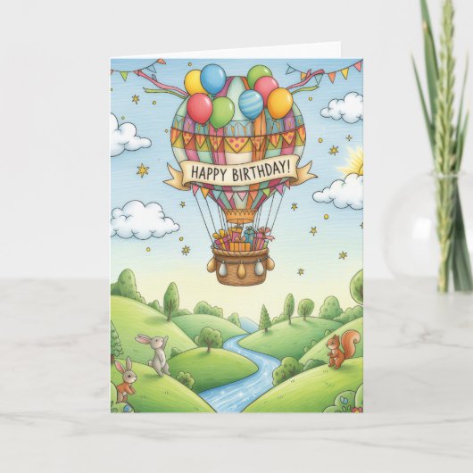 Whimsical Hot Air Balloon Woodland Birthday Card Karte (Vorderseite)
