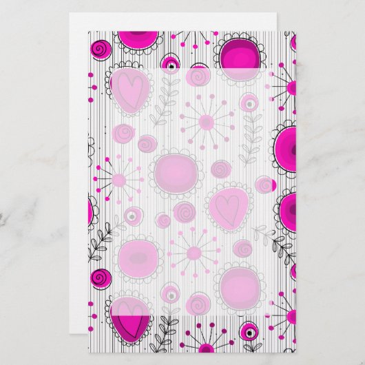 Whimsical Hot rosa, weiße Herzen und Blume, floral Briefpapier (Vorne/Hinten)