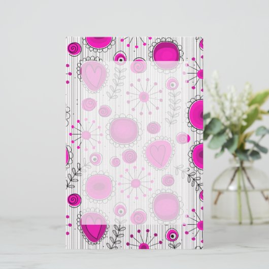 Whimsical Hot rosa, weiße Herzen und Blume, floral Briefpapier (Stehend Vorderseite)