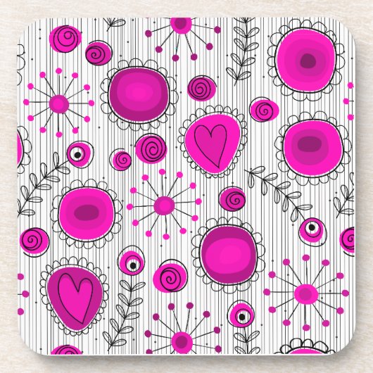 Whimsical Hot rosa, weiße Herzen und Blume, floral Getränkeuntersetzer (Vorderseite)