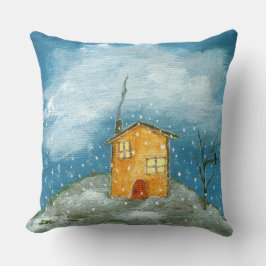 Whimsical House Schneesturm Tree Folk Art Malerei Kissen