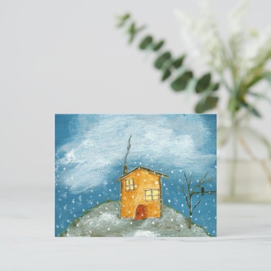 Whimsical House Schneesturm Tree Folk Art Malerei Postkarte (Stehend Vorderseite)