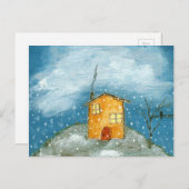 Whimsical House Schneesturm Tree Folk Art Malerei Postkarte (Vorne/Hinten)