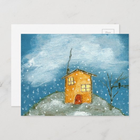 Whimsical House Schneesturm Tree Folk Art Malerei Postkarte (Vorne/Hinten)