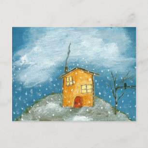 Whimsical House Schneesturm Tree Folk Art Malerei Postkarte