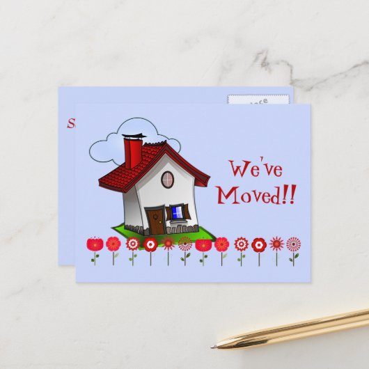 Whimsical House und Blume "We ve Moved" Postkarte (Vorderseite/Rückseite Beispiel)