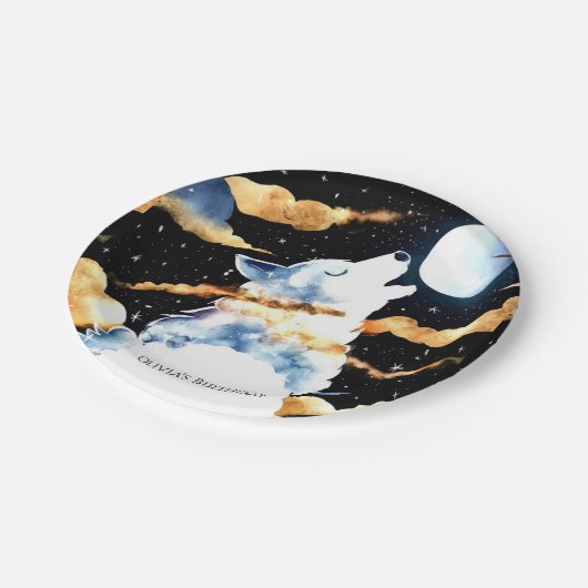 Whimsical Howling Wolf Birthday Pappteller (Schrägansicht)