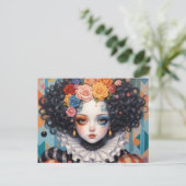 Whimsical Hübsch Clown Girl mit farbenfrohen Blume Postkarte (Stehend Vorderseite)