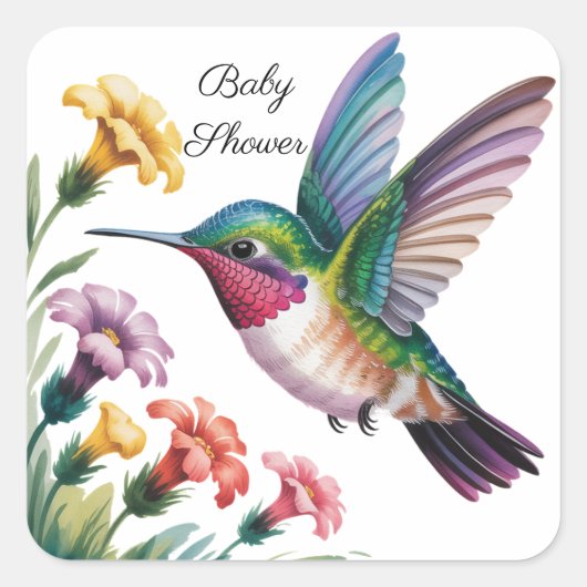 Whimsical Hummingbird Floral Baby Shower Quadratischer Aufkleber (Vorderseite)