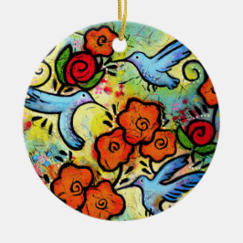 Whimsical Hummingbird Garden Colorful Bird Keramik Ornament