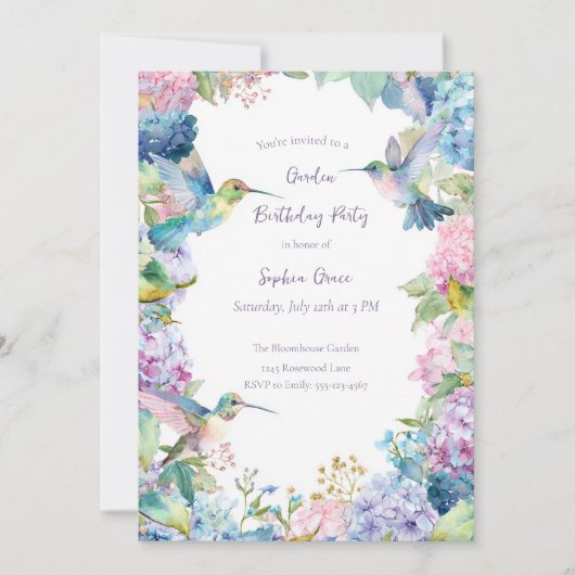 Whimsical Hummingbirds with Hydrangeas Birthday Einladung (Vorderseite)