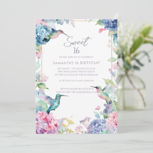 Whimsical Hummingbirds with Hydrangeas Sweet 16 Einladung (Stehend Vorderseite)