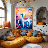 Whimsical Hund in Nature Illustration Wandteppich Mit Holzrahmen