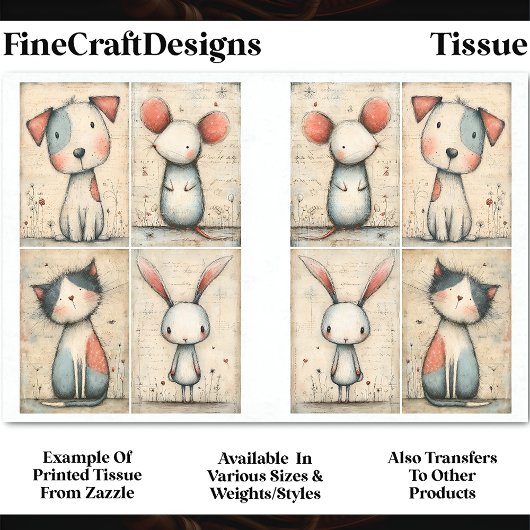 Whimsical Hund, Katze, Maus & Bunny DS1B Decoupage Seidenpapier