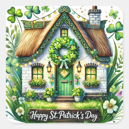Whimsical Hütte Floral Illustration Quadratischer Aufkleber (Vorderseite)