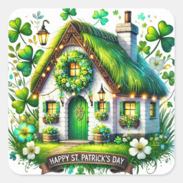 Whimsical Hütte St Patricks Day Illustration Quadratischer Aufkleber