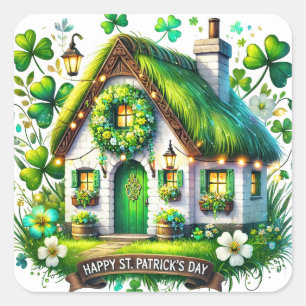 Whimsical Hütte St Patricks Day Illustration Quadratischer Aufkleber