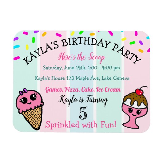Whimsical Ice Cream and Sprinkles Girl's Birthday Magnet (Horizontal)