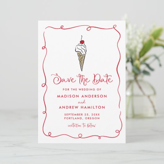 Whimsical Ice Cream Cone Wedding Save The Date (Stehend Vorderseite)