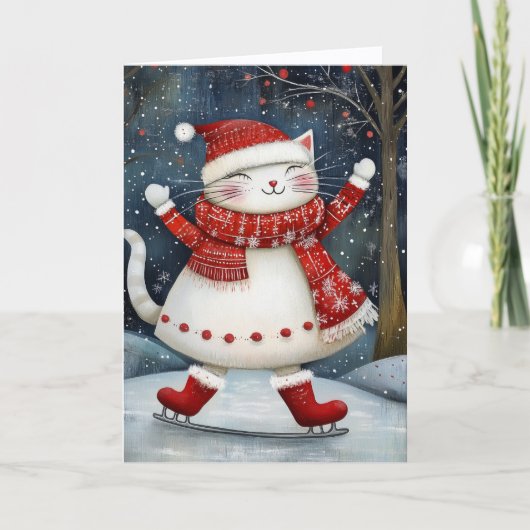 Whimsical Ice Skating Cat Christmas Feiertagskarte (Vorderseite)