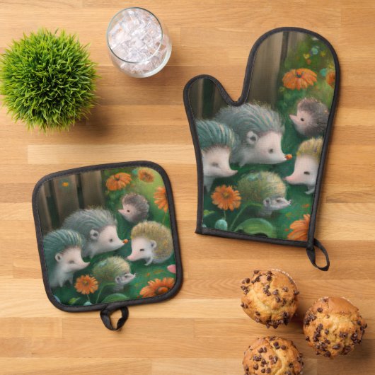 Whimsical Igel Family Picnicken im Garten Ofenhandschuh & Topflappen-Set (Oben Unten)