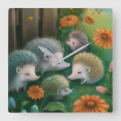 Whimsical Igel Family Picnicken im Garten Quadratische Wanduhr (Vorderseite)