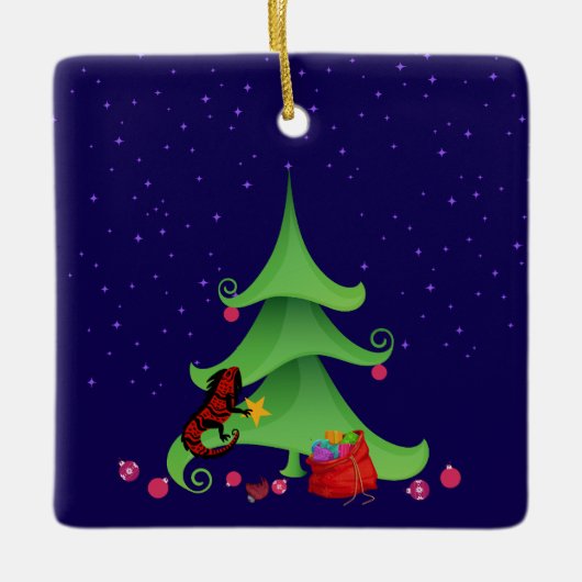 Whimsical Iguana Oh Weihnachtsbaum Keramikornament (Vorderseite)