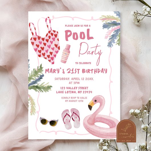 Whimsical Illustration Girl Pool Party Einladung