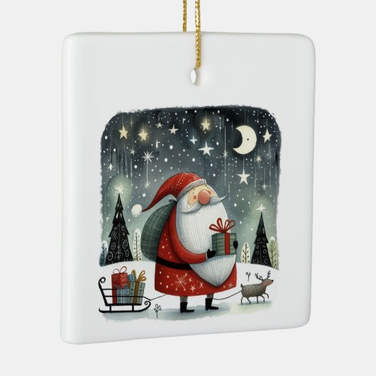 Whimsical Illustration Weihnachtsmann mit Geschenk Keramikornament (Rechts)
