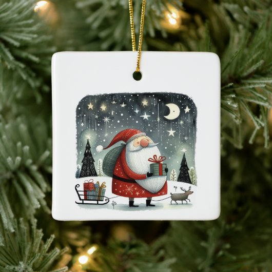 Whimsical Illustration Weihnachtsmann mit Geschenk Keramikornament (Baum)