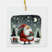 Whimsical Illustration Weihnachtsmann mit Geschenk Keramikornament (Vorderseite)