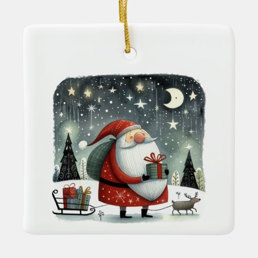 Whimsical Illustration Weihnachtsmann mit Geschenk Keramikornament (Vorderseite)