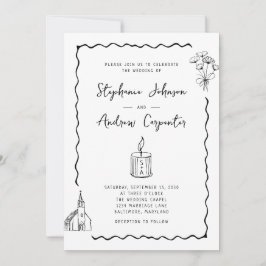 Whimsical Illustriert Black and White Wedding Einladung