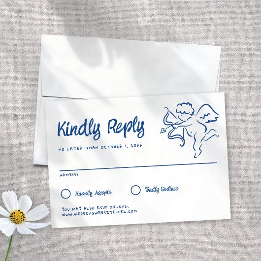 Whimsical Illustriert Blue Handmade Cupid Wedding RSVP Karte
