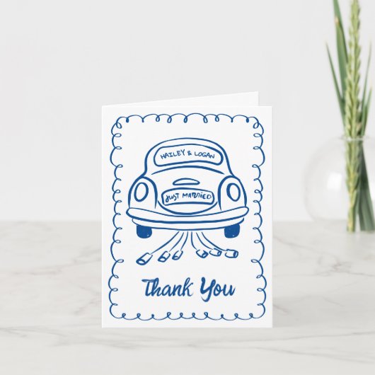 Whimsical Illustriert Car handgezeichnet Fun Weddi Dankeskarte (Vorderseite)