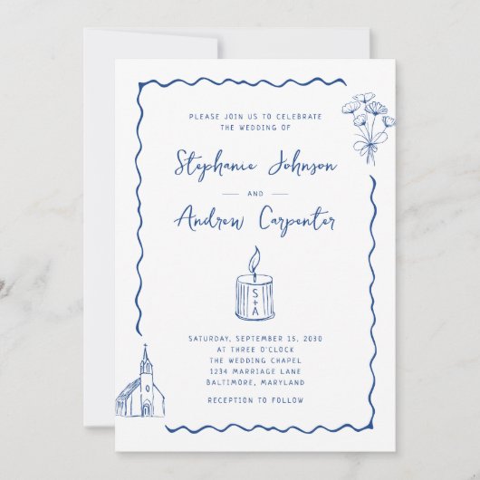 Whimsical Illustriert Cobalt Blue Wedding Einladung (Vorderseite)