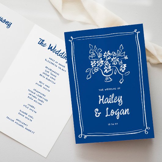 Whimsical Illustriert Modern Blue Wedding Zeremoni Programm