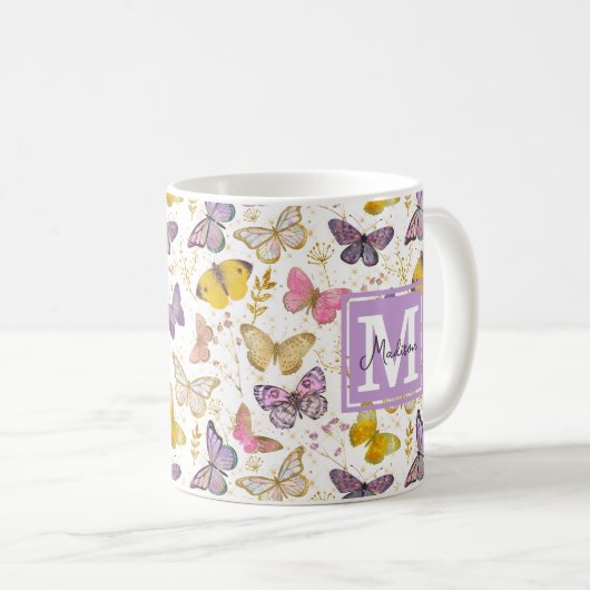 Whimsical Imitats Gliitter Girly Butterfells Monog Kaffeetasse (VorderseiteRechts)