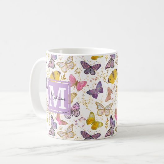 Whimsical Imitats Gliitter Girly Butterfells Monog Kaffeetasse (Vorderseite Links)