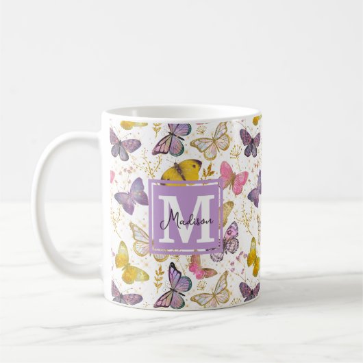 Whimsical Imitats Gliitter Girly Butterfells Monog Kaffeetasse (Links)