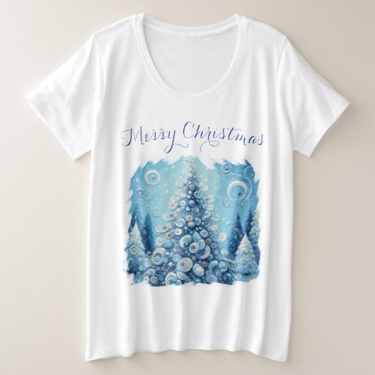 Whimsical Impressionistischer Weihnachtsbaum Blue Große Größe T-Shirt (Design vorne)