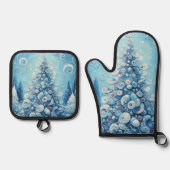 Whimsical Impressionistischer Weihnachtsbaum Blue Ofenhandschuh & Topflappen-Set (Vorderseite)